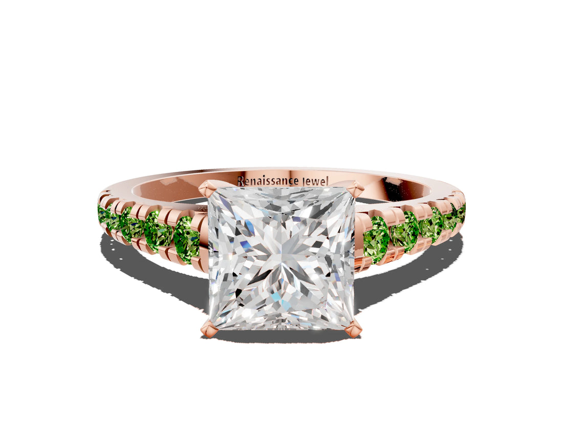 Rose gold Princess Cut Diamond Cathedral Solitaire Ring with Round with Peridot side stone Pavé Band