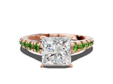 Rose gold Princess Cut Diamond Cathedral Solitaire Ring with Round with Peridot side stone Pavé Band