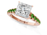 Rose gold Princess Cut Diamond Cathedral Solitaire Ring with Round with Peridot side stone Pavé Band_1