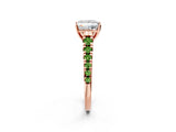 Rose gold Princess Cut Diamond Cathedral Solitaire Ring with Round with Peridot side stone Pavé Band_2