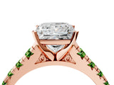 Rose gold Princess Cut Diamond Cathedral Solitaire Ring with Round with Peridot side stone Pavé Band_4