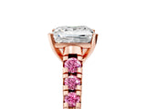 Rose gold Princess Cut Diamond Cathedral Solitaire Ring with Round with Pink Sapphire side stone Pavé Band_17