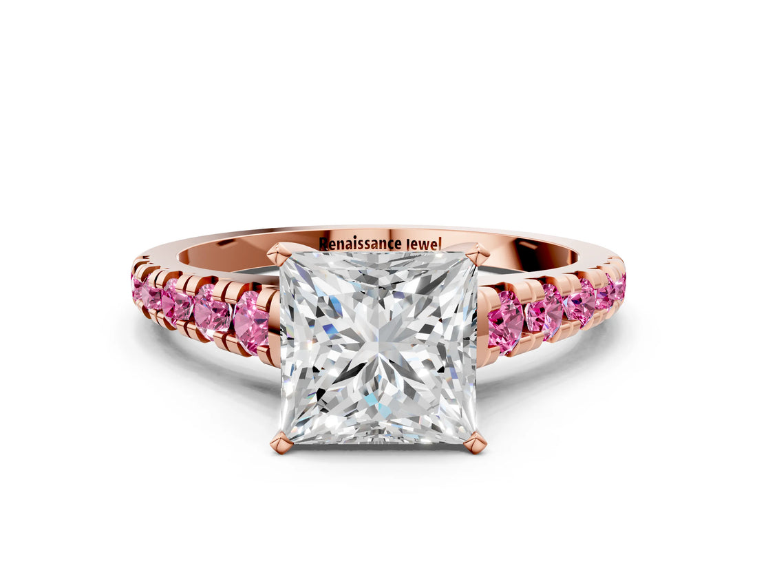 Rose gold Princess Cut Diamond Cathedral Solitaire Ring with Round with Pink Sapphire side stone Pavé Band_21