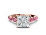 Rose gold Princess Cut Diamond Cathedral Solitaire Ring with Round with Pink Sapphire side stone Pavé Band_21