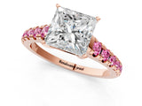 Rose gold Princess Cut Diamond Cathedral Solitaire Ring with Round with Pink Sapphire side stone Pavé Band_22