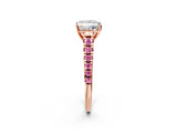 Rose gold Princess Cut Diamond Cathedral Solitaire Ring with Round with Pink Sapphire side stone Pavé Band_23