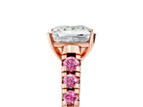 Rose gold Princess Cut Diamond Cathedral Solitaire Ring with Round with Pink Sapphire side stone Pavé Band_26