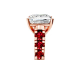 Rose gold Princess Cut Diamond Cathedral Solitaire Ring with Round with Ruby side stone Pavé Band_29