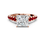 Rose gold Princess Cut Diamond Cathedral Solitaire Ring with Round with Ruby side stone Pavé Band_34