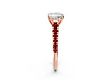 Rose gold Princess Cut Diamond Cathedral Solitaire Ring with Round with Ruby side stone Pavé Band_36