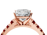 Rose gold Princess Cut Diamond Cathedral Solitaire Ring with Round with Ruby side stone Pavé Band_38