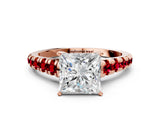 Rose gold Princess Cut Diamond Cathedral Solitaire Ring with Round with Ruby side stone Pavé Band_46