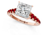 Rose gold Princess Cut Diamond Cathedral Solitaire Ring with Round with Ruby side stone Pavé Band_47
