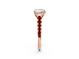 Rose gold Princess Cut Diamond Cathedral Solitaire Ring with Round with Ruby side stone Pavé Band_48