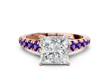 Rose gold Princess Cut Diamond Cathedral Solitaire Ring with Round with Tanzanite side stone Pavé Band