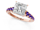 Rose gold Princess Cut Diamond Cathedral Solitaire Ring with Round with Tanzanite side stone Pavé Band_1