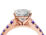 Rose gold Princess Cut Diamond Cathedral Solitaire Ring with Round with Tanzanite side stone Pavé Band_4