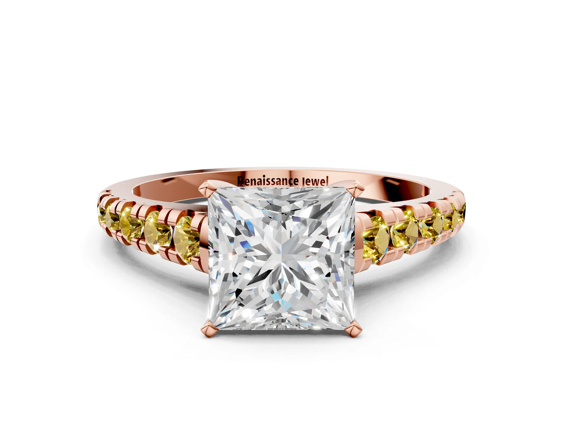 Rose gold Princess Cut Diamond Cathedral Solitaire Ring with Round with Yellow Sapphire side stone Pavé Band_36