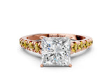 Rose gold Princess Cut Diamond Cathedral Solitaire Ring with Round with Yellow Sapphire side stone Pavé Band_36