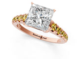 Rose gold Princess Cut Diamond Cathedral Solitaire Ring with Round with Yellow Sapphire side stone Pavé Band_37