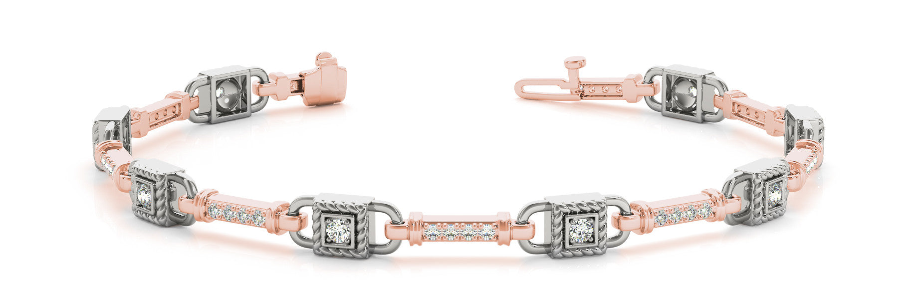 Rose gold Princess Cut Diamond Channel Set Link Bracelet with Bezel Prong Setting