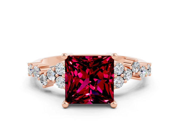 Rose gold Princess Cut Garnet Scattered Round Accent Ring with Prong Setting