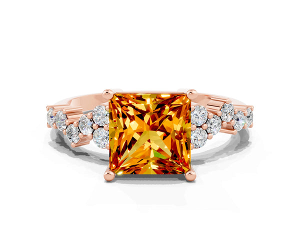 Rose gold Princess Cut Citrine Scattered Round Accent Ring with Prong Setting
