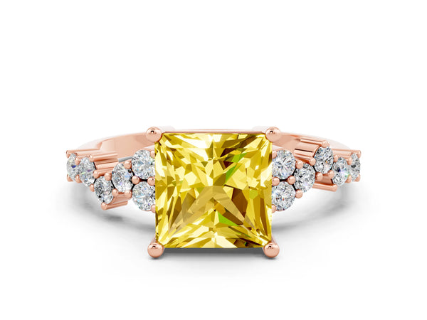 Rose gold Princess Cut Yellow Sapphire Scattered Round Accent Ring with Prong Setting