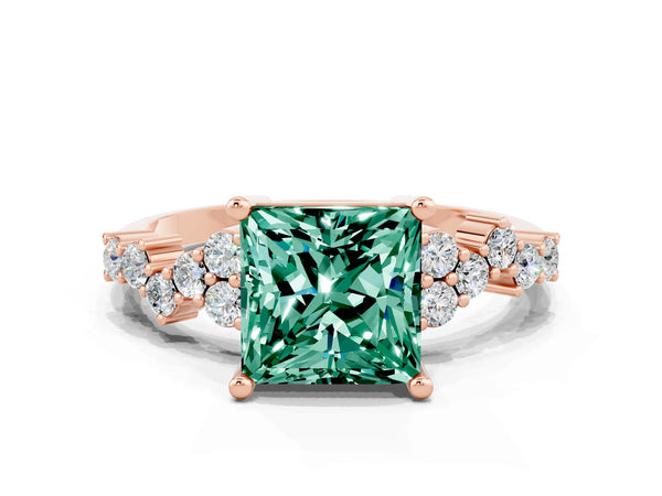 Rose gold Princess Cut Green Sapphire Scattered Round Accent Ring with Prong Setting