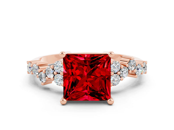 Rose gold Princess Cut Ruby Scattered Round Accent Ring with Prong Setting
