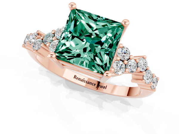 Rose gold Princess Cut Green Sapphire Scattered Round Accent Ring with Prong Setting