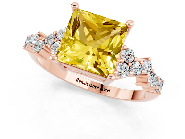 Rose gold Princess Cut Yellow Sapphire Scattered Round Accent Ring with Prong Setting