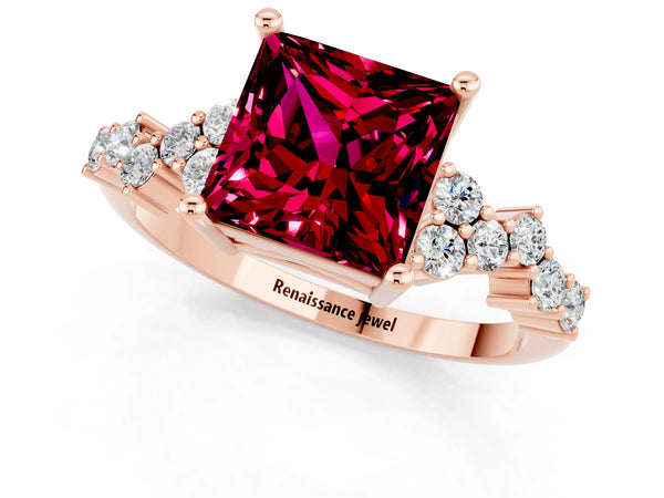 Rose gold Princess Cut Garnet Scattered Round Accent Ring with Prong Setting