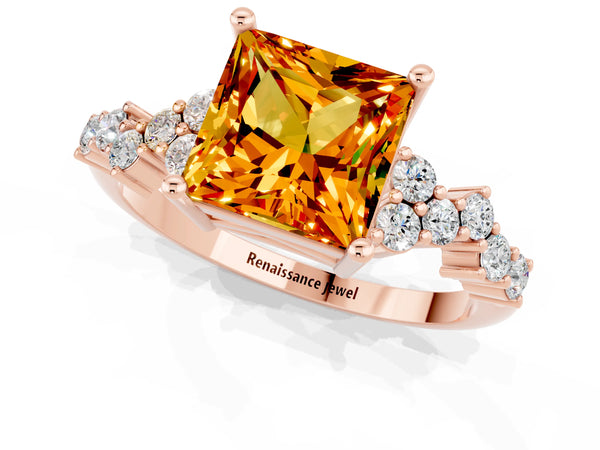 Rose gold Princess Cut Citrine Scattered Round Accent Ring with Prong Setting