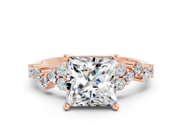 Rose gold Princess Cut Moissanite Scattered Round Accent Ring with Prong Setting