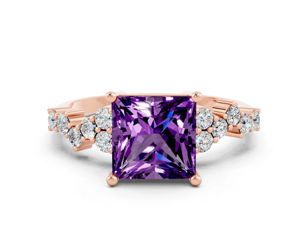 Rose gold Princess Cut Amethyst Scattered Round Accent Ring with Prong Setting