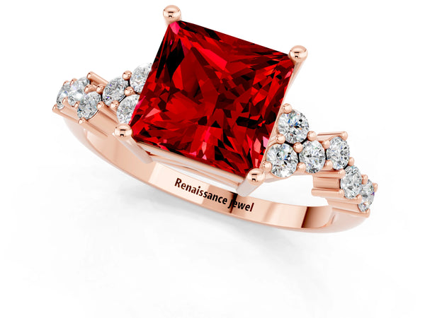 Rose gold Princess Cut Ruby Scattered Round Accent Ring with Prong Setting
