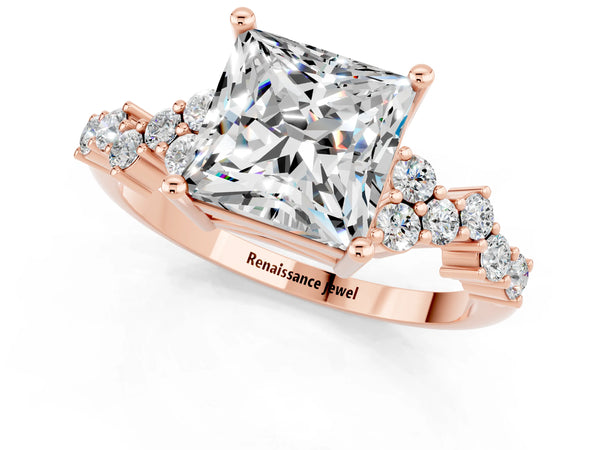Rose gold Princess Cut Moissanite Scattered Round Accent Ring with Prong Setting