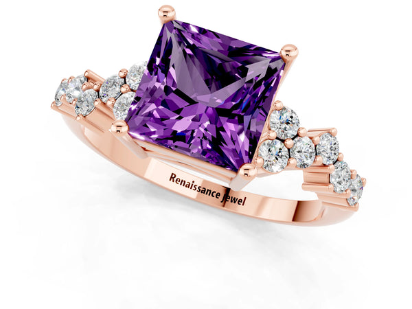 Rose gold Princess Cut Amethyst Scattered Round Accent Ring with Prong Setting