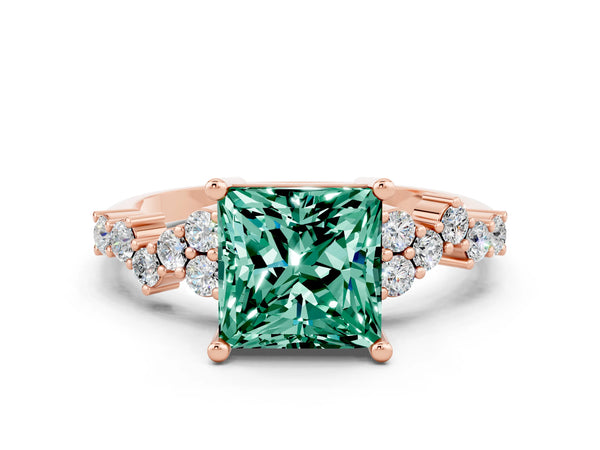 Rose gold Princess Cut Green Sapphire Scattered Round Accent Ring with Prong Setting