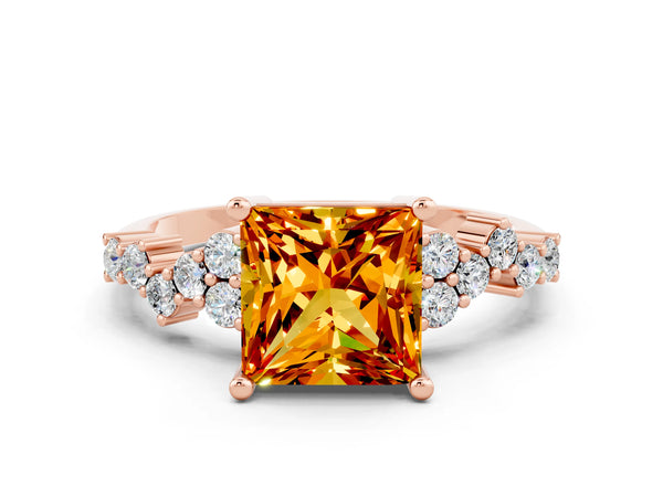 Rose gold Princess Cut Citrine Scattered Round Accent Ring with Prong Setting