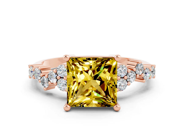 Rose gold Princess Cut Yellow Sapphire Scattered Round Accent Ring with Prong Setting