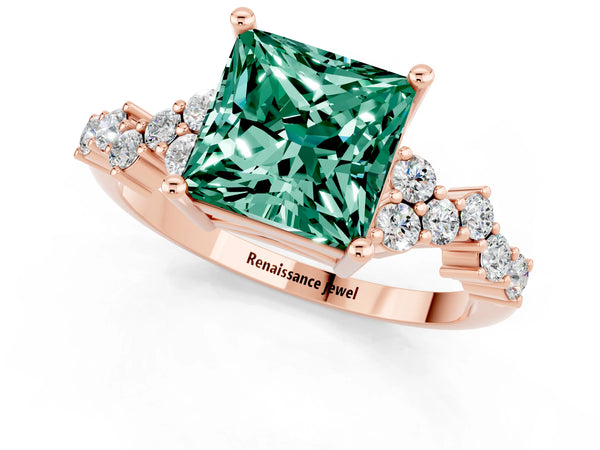Rose gold Princess Cut Green Sapphire Scattered Round Accent Ring with Prong Setting
