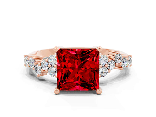 Rose gold Princess Cut Ruby Scattered Round Accent Ring with Prong Setting