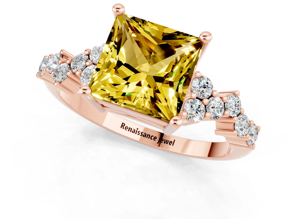 Rose gold Princess Cut Yellow Sapphire Scattered Round Accent Ring with Prong Setting