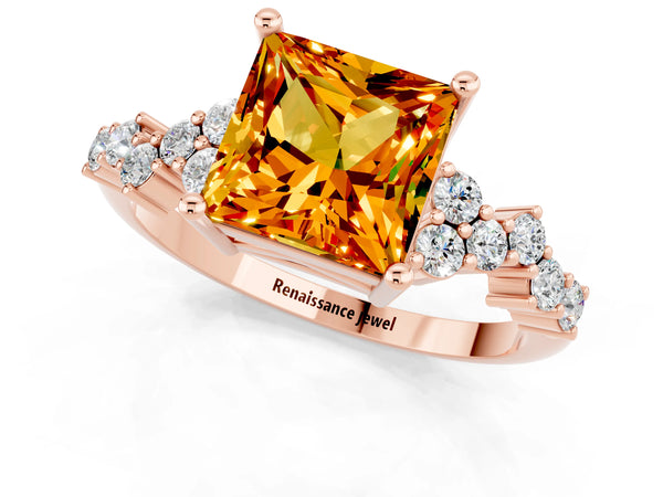 Rose gold Princess Cut Citrine Scattered Round Accent Ring with Prong Setting