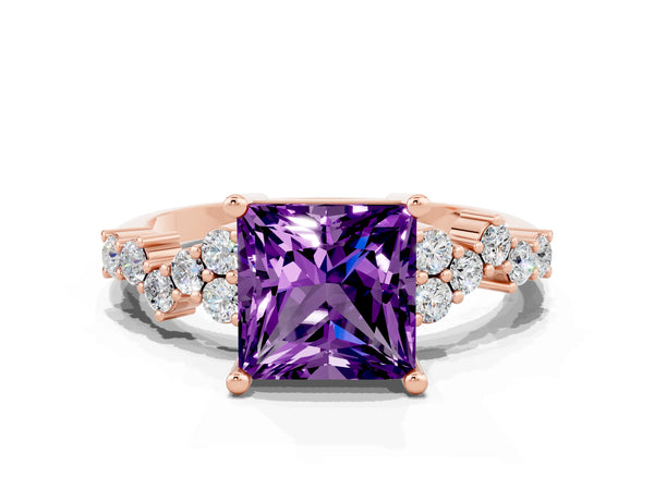 Rose gold Princess Cut Amethyst Scattered Round Accent Ring with Prong Setting