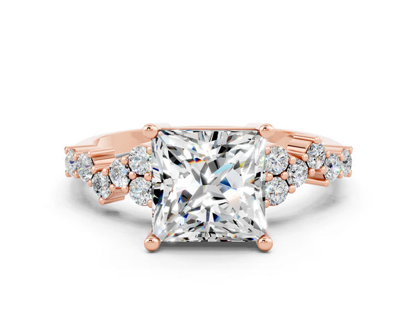Rose gold Princess Cut Moissanite Scattered Round Accent Ring with Prong Setting
