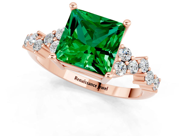 Rose gold Princess Cut Emerald Scattered Round Accent Ring with Prong Setting