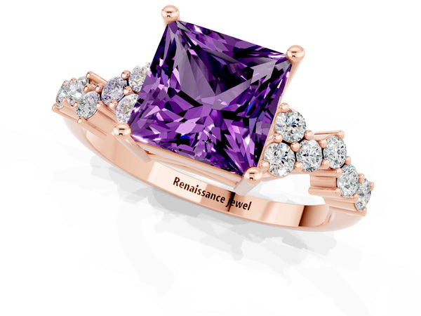 Rose gold Princess Cut Amethyst Scattered Round Accent Ring with Prong Setting